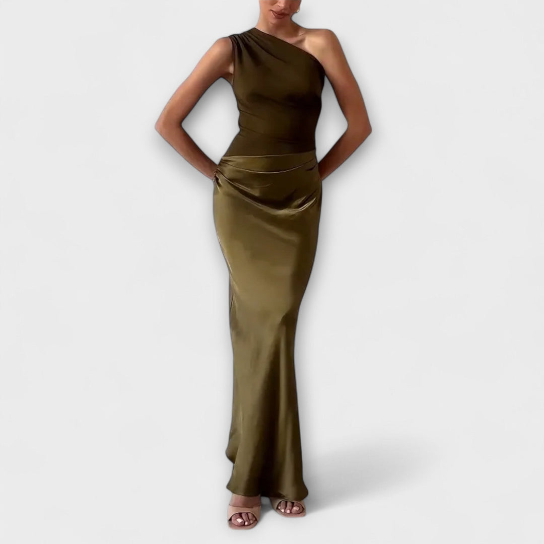 Lora - Elegant one-shoulder pleated maxi dress